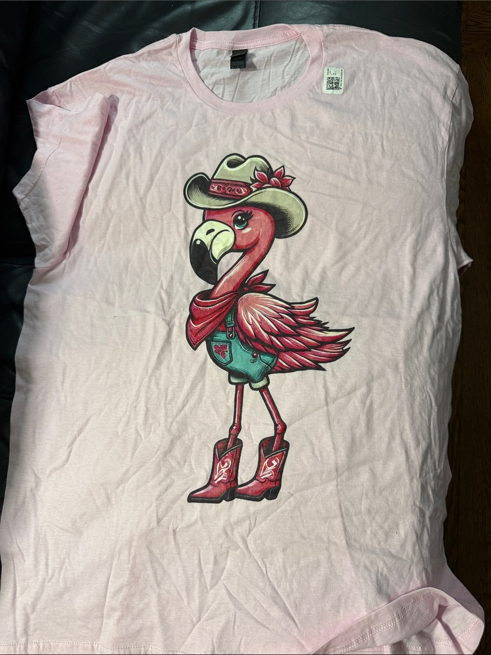 Gildan Light Pink Flamingo Graphic Tee with Cowboy Design